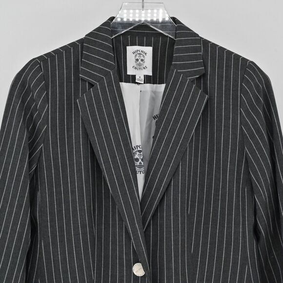 HIPCHIK COUTURE Blazer Womens Sz 8 Gray Pinstripe Rhinestone Butterfly Retro Y2K - Picture 2 of 13